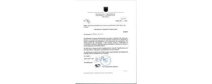 Rektori Nimani merr Letër falënderimi nga Akademia e Shkencave të Shqipërisë