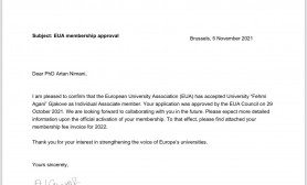 Rektorit Nimani i erdhi konfirmimi për pranimin e Universitetit “Fehmi Agani” në Europian University Association – EUA